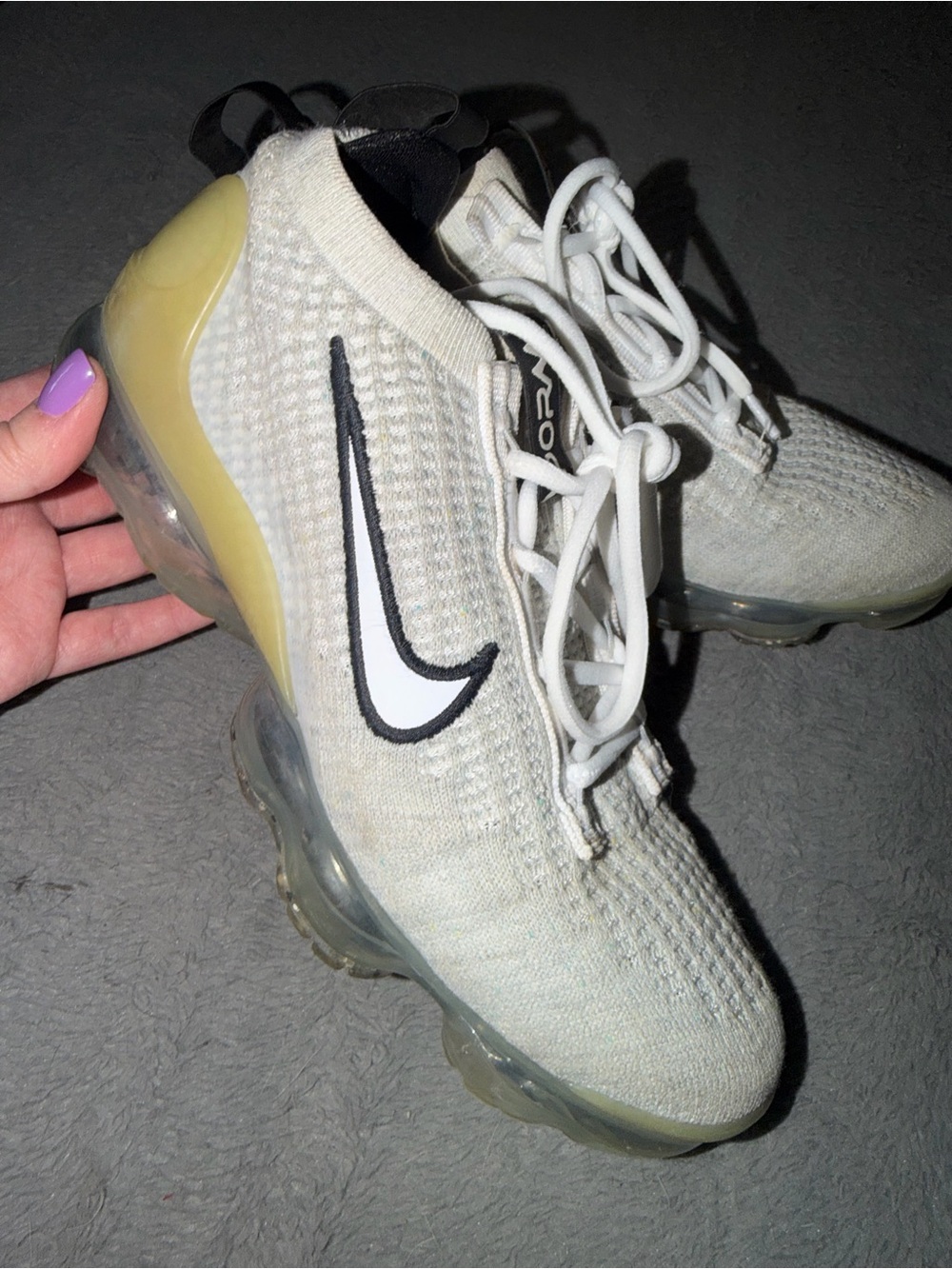Nike Women’s White Flyknit VaporMax Sneakers with Black Swoosh and Cream Heel
